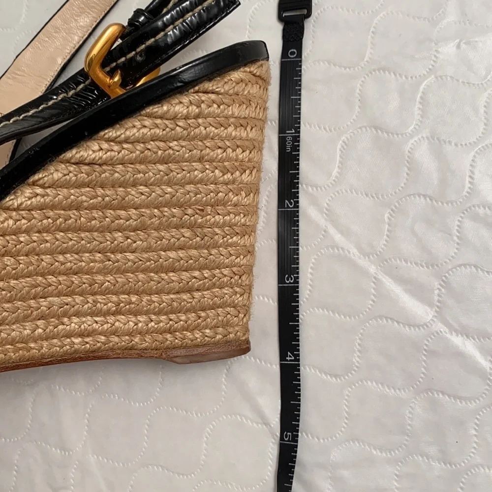 Prada open toe patent leather espadrille wedges